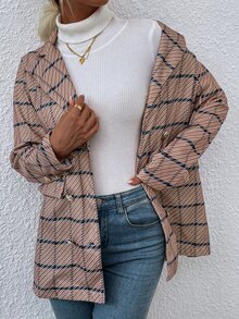 Double Breasted Lapel Collar Plaid Overcoat - Multicolor - View 4