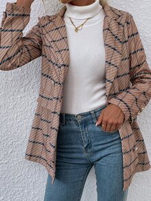 Double Breasted Lapel Collar Plaid Overcoat - Multicolor - View 5