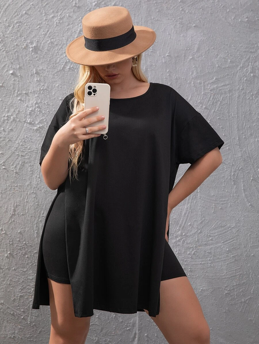 EMERY ROSE Plus Drop Shoulder Slit Hem Tee & Cycling Shorts - Black - View 1