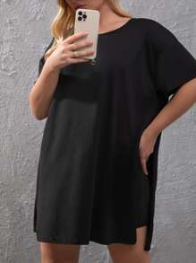 EMERY ROSE Plus Drop Shoulder Slit Hem Tee & Cycling Shorts - Black - View 3