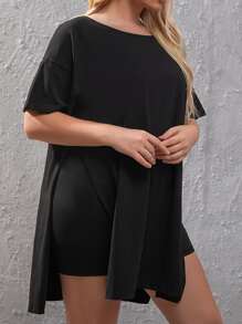 EMERY ROSE Plus Drop Shoulder Slit Hem Tee & Cycling Shorts - Black - View 4