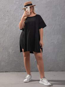 EMERY ROSE Plus Drop Shoulder Slit Hem Tee & Cycling Shorts - Black - View 5