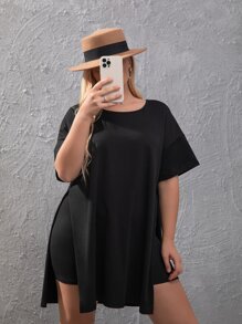 EMERY ROSE Plus Drop Shoulder Slit Hem Tee & Cycling Shorts - Black - View 6