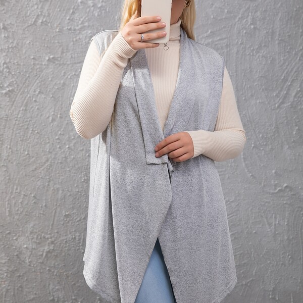 

Plus Waterfall Collar Sleeveless Coat Without Sweater, Light grey
