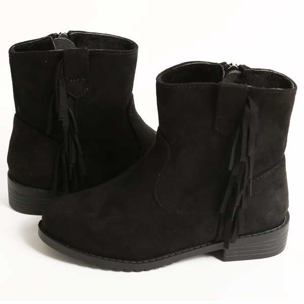 

Girls Fringe Trim Side Zipper Boots, Black