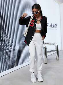 SHEIN MOOSTA Letter Patched Button Through Varsity Jacket