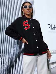 SHEIN MOOSTA Letter Patched Button Through Varsity Jacket