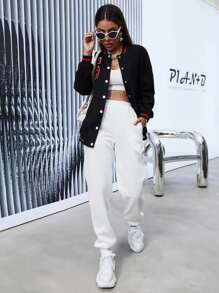 SHEIN MOOSTA Letter Patched Button Through Varsity Jacket