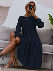 SHEIN LUNE Blouson Sleeve Keyhole Back Smock Dress - Navy Blue - View 1