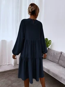 SHEIN LUNE Blouson Sleeve Keyhole Back Smock Dress - Navy Blue - View 2