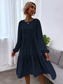 SHEIN LUNE Blouson Sleeve Keyhole Back Smock Dress - Navy Blue - View 3