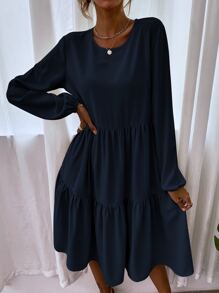 SHEIN LUNE Blouson Sleeve Keyhole Back Smock Dress - Navy Blue - View 4