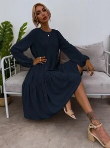 SHEIN LUNE Blouson Sleeve Keyhole Back Smock Dress - Navy Blue - View 6