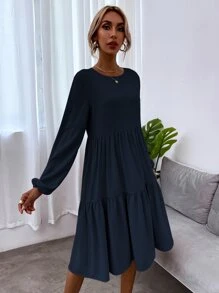 SHEIN LUNE Blouson Sleeve Keyhole Back Smock Dress - Navy Blue - View 7