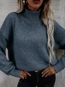 SHEIN LUNE High Neck Drop Shoulder Jumper - Dusty Blue - View 5