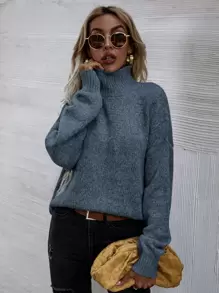 SHEIN LUNE High Neck Drop Shoulder Jumper - Dusty Blue - View 6