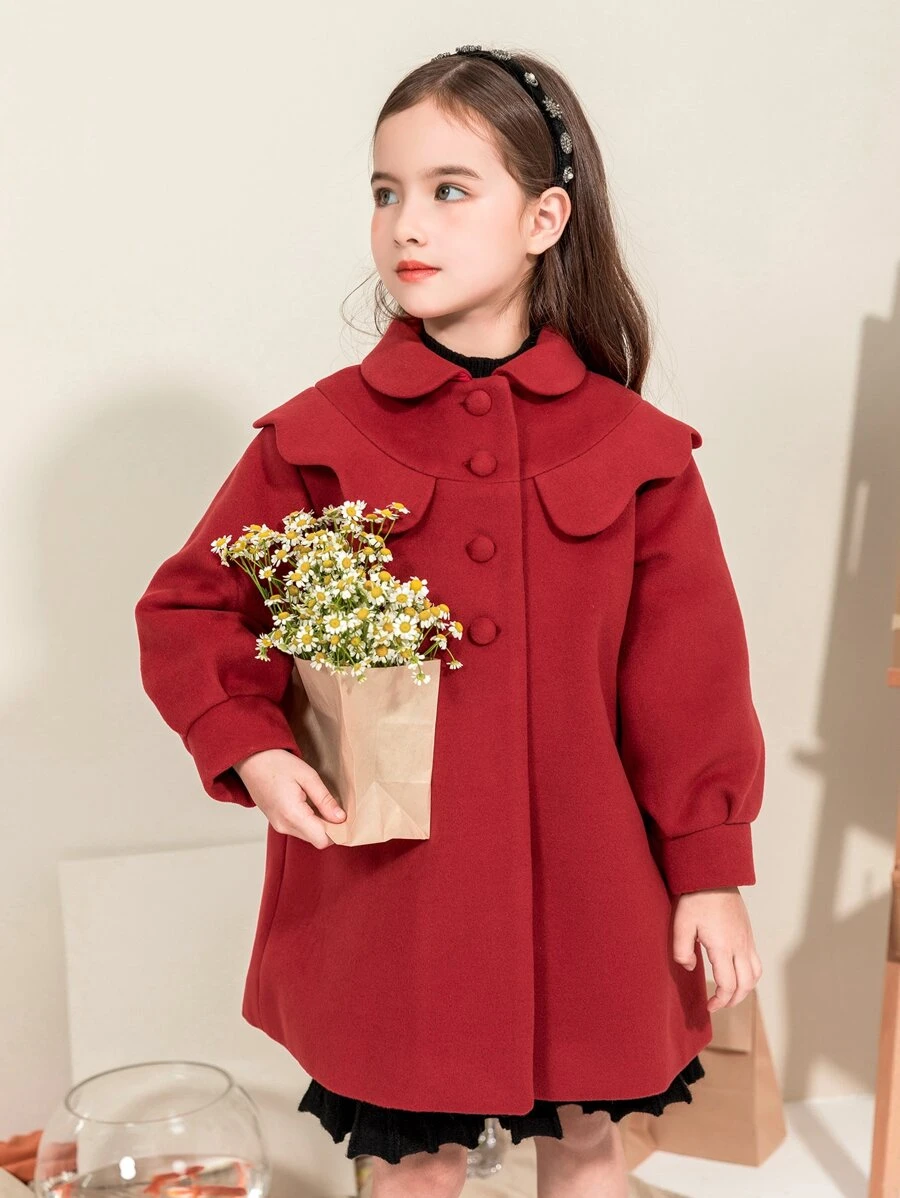 Girls Quilted Lined Scallop Trim Overcoat - Burgundy - View 1