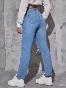 SHEIN EZwear Y2k 破洞磨邊錐形牛仔褲 - 中等水洗藍 - 查看 2