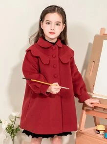 Girls Quilted Lined Scallop Trim Overcoat - Burgundy - View 4