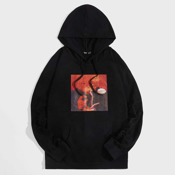 

Unisex 1pc Cartoon Figure Graphic Kangaroo Pocket Drawstring Hoodie, Black