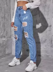 SHEIN EZwear Y2k 破洞磨邊錐形牛仔褲 - 中等水洗藍 - 查看 5