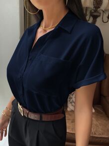 Serisse Minimalist & Fashionable Fruit Cherry Printed Blouse With Pocket And Single Breasted For Work/Leisure Commute Minimalist Office Old Money Simple,Ladies Casual Button Short Sleeve Collar Regular Fit Regular Navy Blue Batwing Sleeve Shirt Women Blouses,Spring/Summer,Professional/Business Attire/Workwear,Short Sleeve Tops