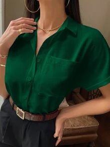 Serisse Áo sơ mi in hình quả anh đào tối giản và thời trang có túi và hàng khuy đơn cho công việc/giải trí đi làm/đi chơi Áo sơ mi công sở đơn giản, tay ngắn - màu xanh lá - Xem 4