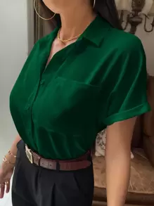 Serisse Áo sơ mi in hình quả anh đào tối giản và thời trang có túi và hàng khuy đơn cho công việc/giải trí đi làm/đi chơi Áo sơ mi công sở đơn giản, tay ngắn - màu xanh lá - Xem 5