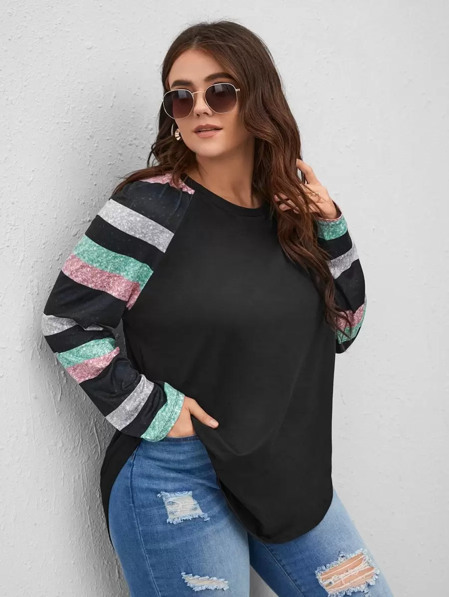 SHEIN LUNE Áo thun Plus size Sọc Giải trí - màu đen - Xem 1