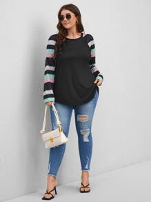 SHEIN LUNE Áo thun Plus size Sọc Giải trí - màu đen - Xem 3