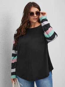 SHEIN LUNE Áo thun Plus size Sọc Giải trí - màu đen - Xem 4