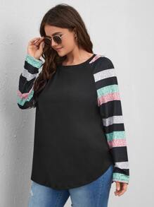 SHEIN LUNE Áo thun Plus size Sọc Giải trí - màu đen - Xem 5