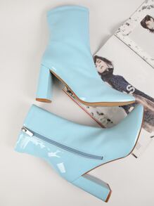 SHUZIA Faux Patent Leather Square Toe Zip Block Heel Boots - Baby Blue - View 2