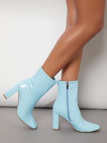 SHUZIA Faux Patent Leather Square Toe Zip Block Heel Boots - Baby Blue - View 3