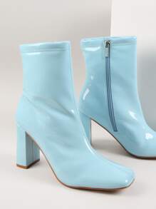 SHUZIA Faux Patent Leather Square Toe Zip Block Heel Boots - Baby Blue - View 4
