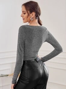 SHEIN Privé Cross Wrap Crop Glitter Tee - Grey - View 2