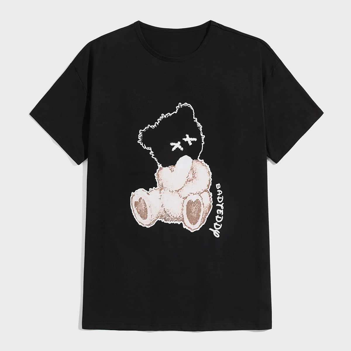 

Guys Letter Cartoon Bear Graphic Tee, Black