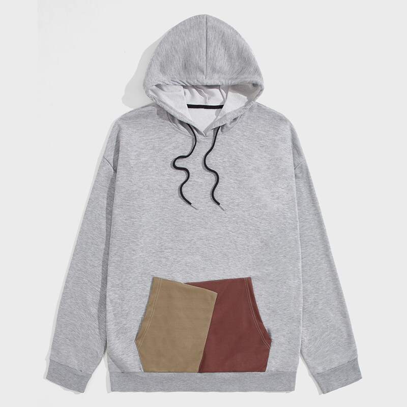 

Guys Colorblock Pocket Drawstring Hoodie, Light grey
