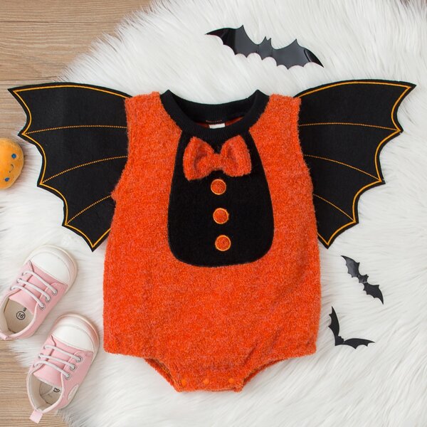 

Baby Color-block Bow Front Flannel Halloween Costume Bodysuit, Orange