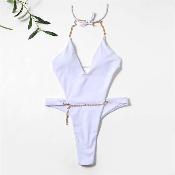 

Plain Chain Linked One Piece Swimsuit, White