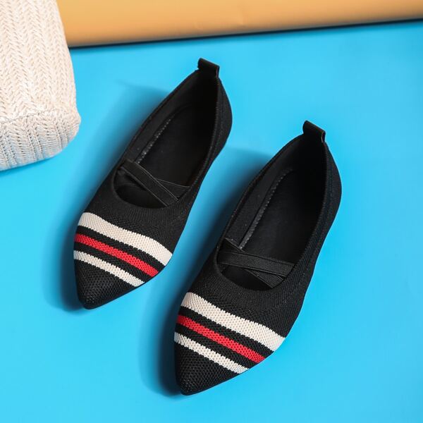 

Girls Striped Pattern Cross Strap Flats, Black