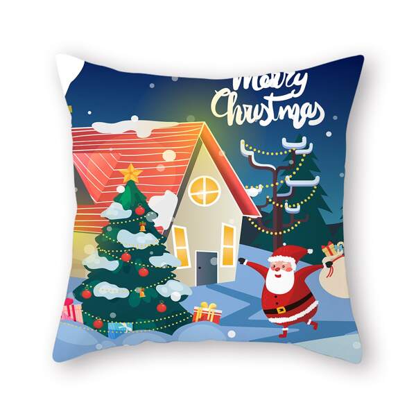 

Christmas Santa Claus & Tree Print Cushion Cover Without Filler, Multicolor