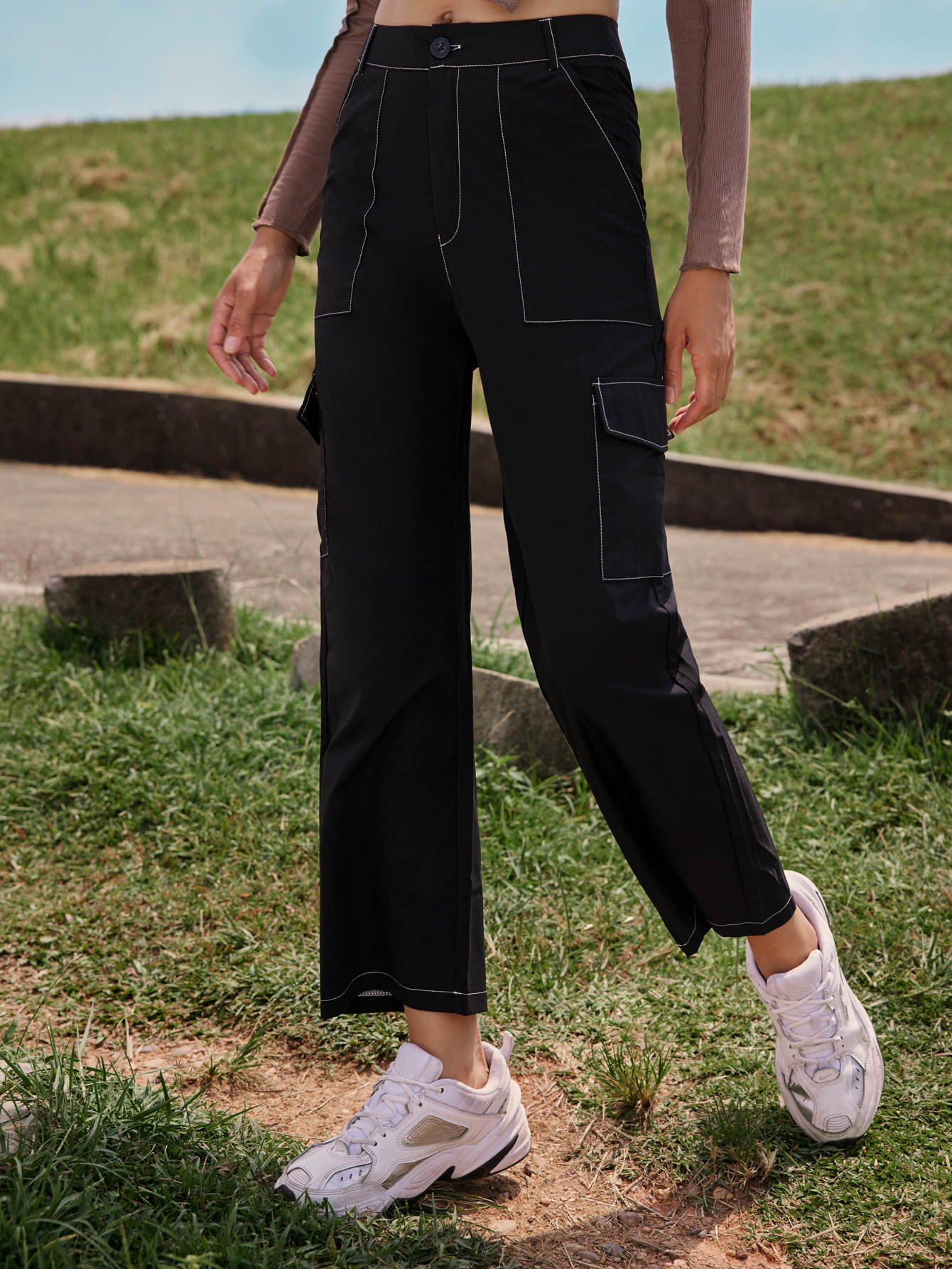 Stitching Trim Pocket Straight Leg 