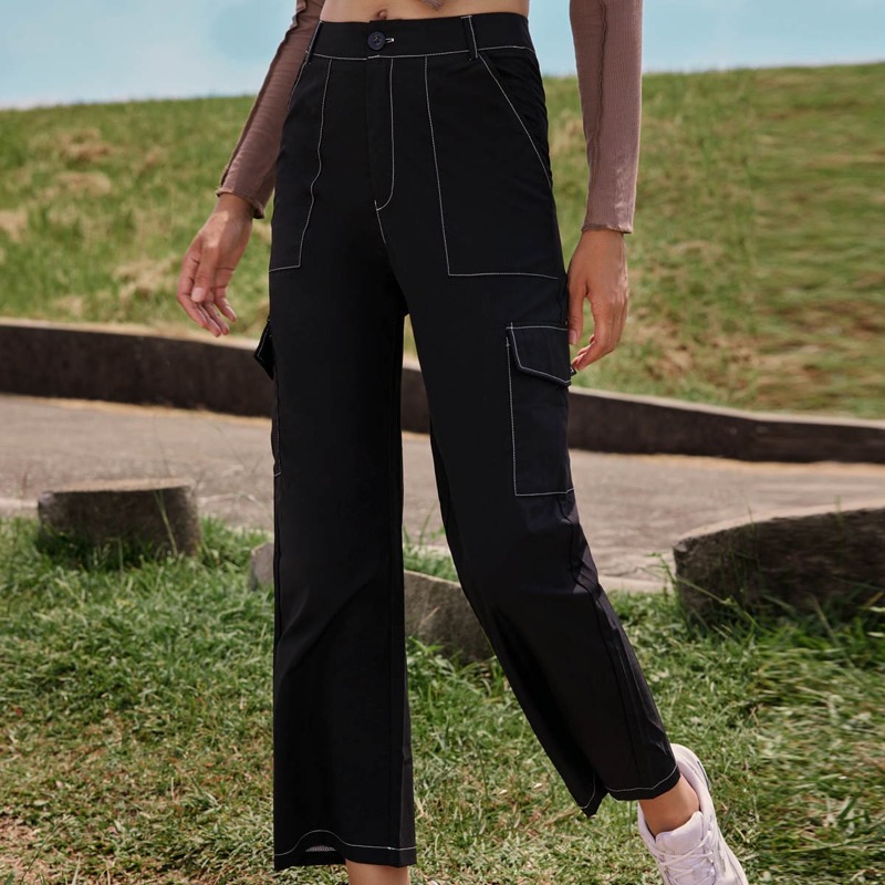 

Stitching Trim Pocket Straight Leg Pants, Black
