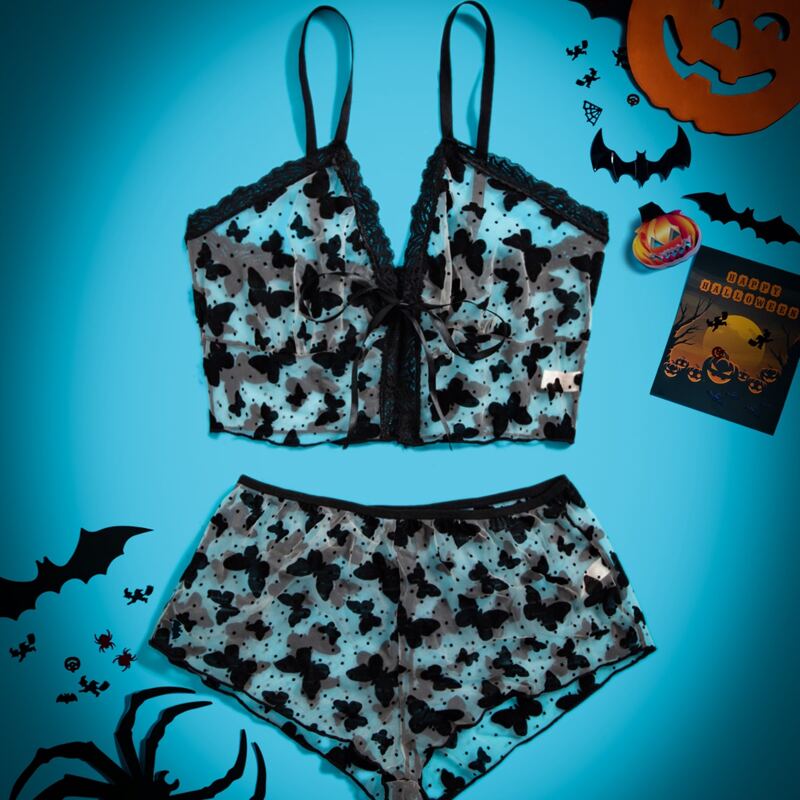 

Butterfly Print Lingerie Set, Black