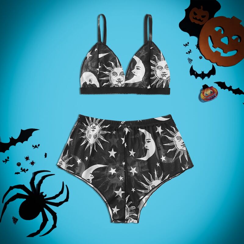 

Sun & Moon Print Mesh Lingerie Set, Black and white