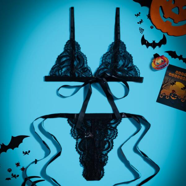 

Lace Knot Lingerie Set, Black