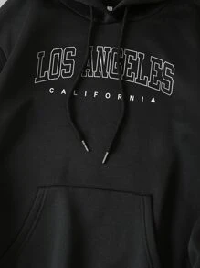 SHEIN EZwear Letter Graphic Kangaroo Pocket Drop Shoulder Drawstring Thermal Hoodie - Black - View 6