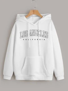 INAWLY Letter Graphic Kangaroo Pocket Drop Shoulder Drawstring Thermal Hoodie - White - View 1