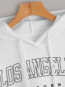 INAWLY Letter Graphic Kangaroo Pocket Drop Shoulder Drawstring Thermal Hoodie - White - View 4